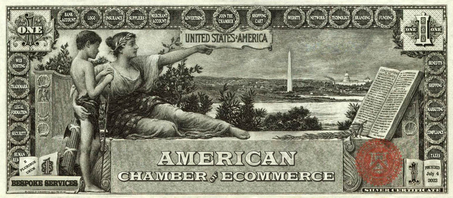an old silver certificate one dollar bill modified to represent the American Chamber of eCommerce and strategic partners